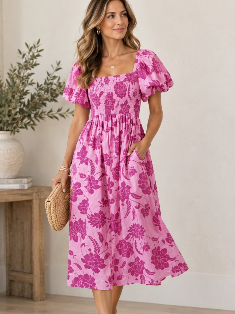 Sugarlips NWT Pink Floral Smocked Midi Dress Puff Sleeve Square Neck Sz XS